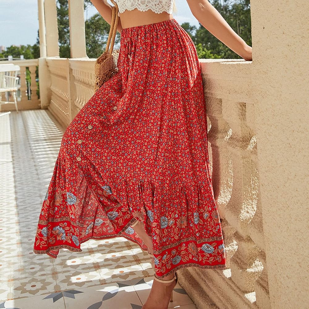 スカート Vintage floral frill maxi skirt red Amazon.com: Women's Boho Elastic Waist A Line Floral Print